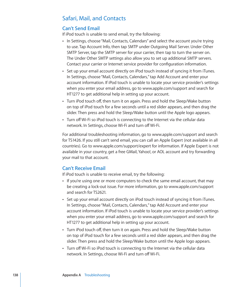 Safari, mail, and contacts, 138 safari, mail, and contacts, Can’t send email | Can’t receive email | Apple iPod touch iOS 3.0 User Manual | Page 138 / 153
