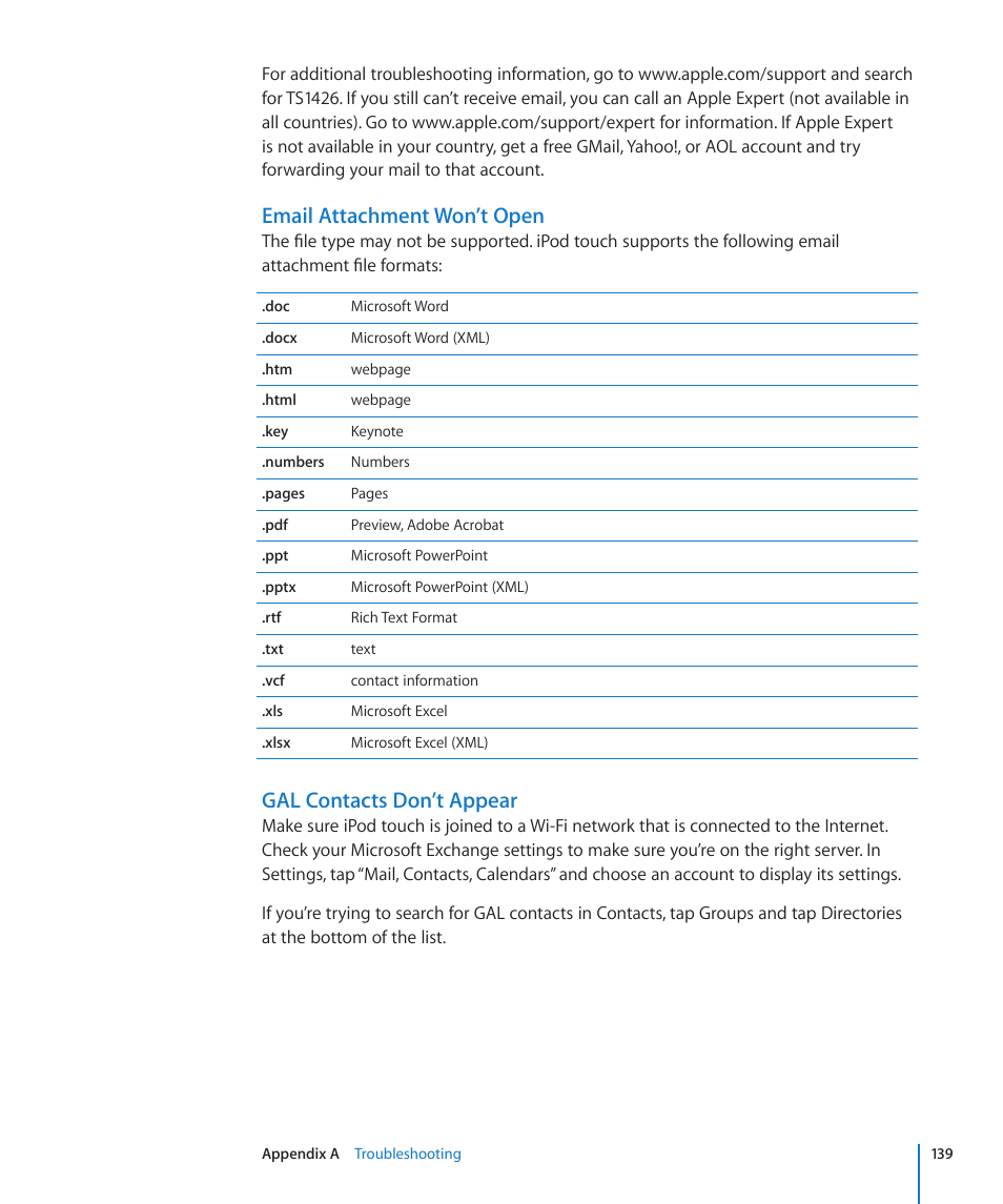 Email attachment won’t open, Gal contacts don’t appear | Apple iPod touch iOS 3.0 User Manual | Page 139 / 153