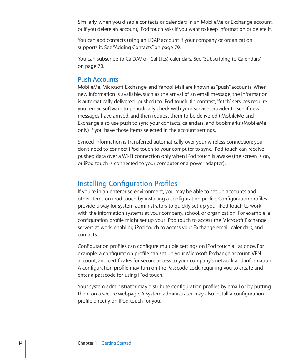 Installing configuration profiles, Push accounts | Apple iPod touch iOS 3.0 User Manual | Page 14 / 153