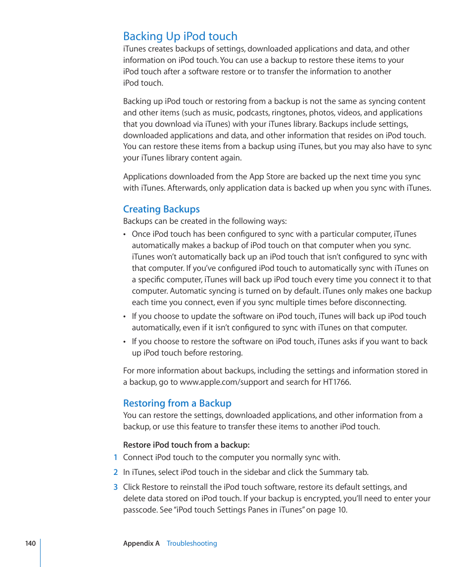 Backing up ipod touch, 140 backing up ipod touch, Creating backups | Restoring from a backup | Apple iPod touch iOS 3.0 User Manual | Page 140 / 153