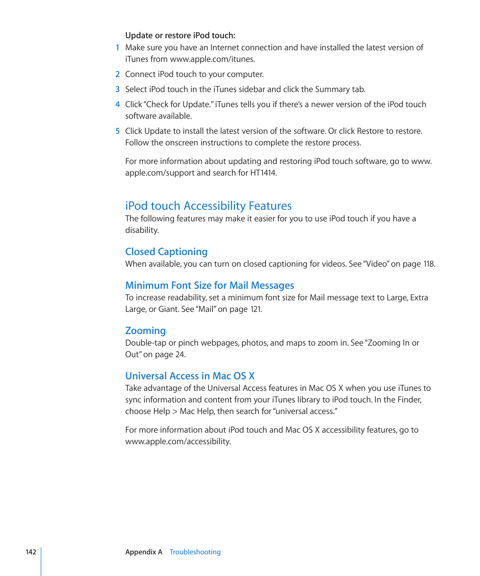 Ipod touch accessibility features, 142 ipod touch accessibility features, Closed captioning | Minimum font size for mail messages, Zooming, Universal access in mac os x | Apple iPod touch iOS 3.0 User Manual | Page 142 / 153