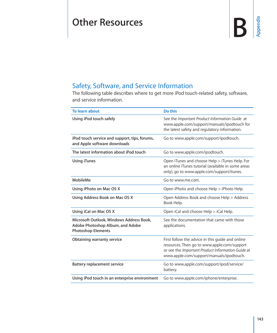 Appendix b: other resources, Safety, software, and service information, Appendix b: other resources | 143 safety, software, and service information, Other resources | Apple iPod touch iOS 3.0 User Manual | Page 143 / 153