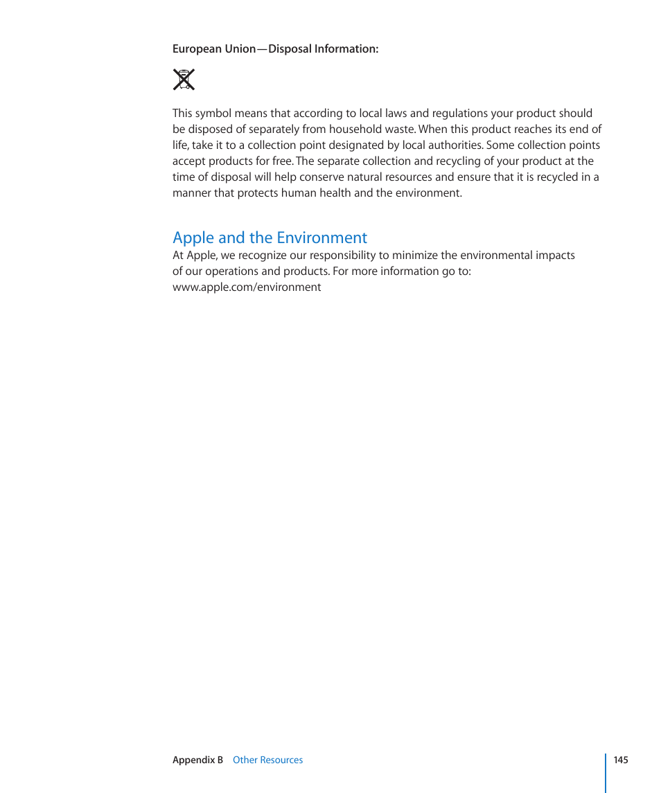 Apple and the environment, 145 apple and the environment | Apple iPod touch iOS 3.0 User Manual | Page 145 / 153
