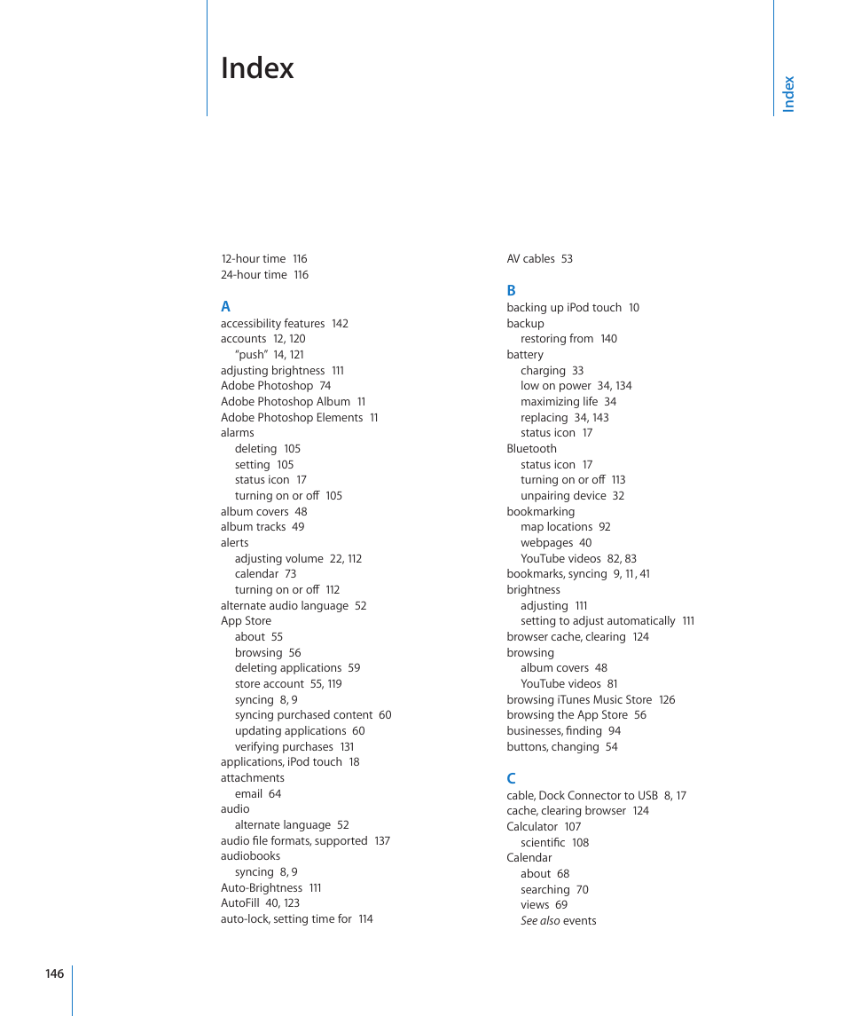 Index | Apple iPod touch iOS 3.0 User Manual | Page 146 / 153
