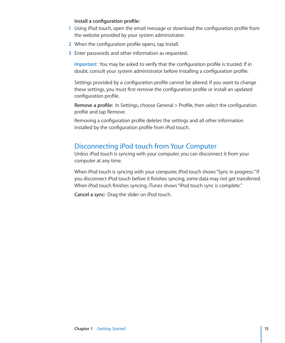 Disconnecting ipod touch from your computer | Apple iPod touch iOS 3.0 User Manual | Page 15 / 153