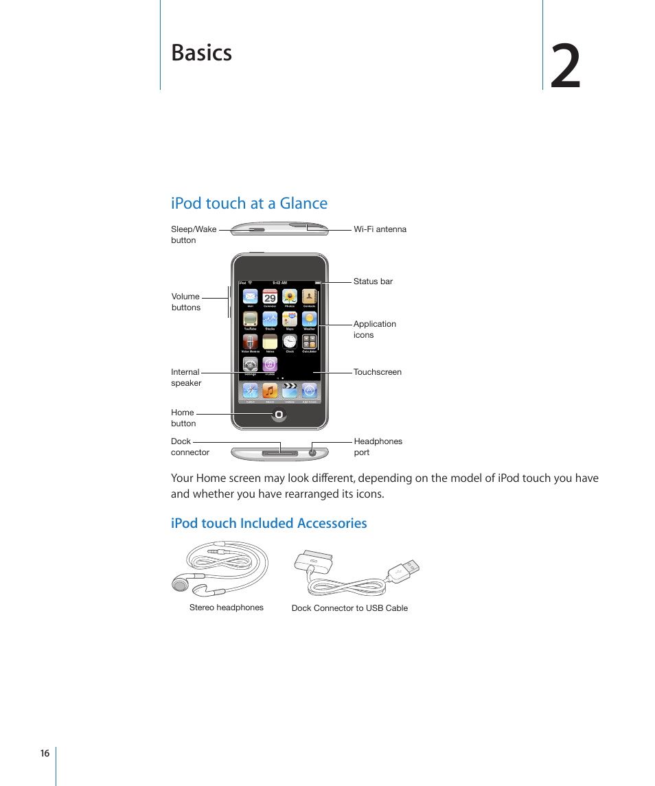 Chapter 2: basics, Ipod touch at a glance, Basics | Apple iPod touch iOS 3.0 User Manual | Page 16 / 153