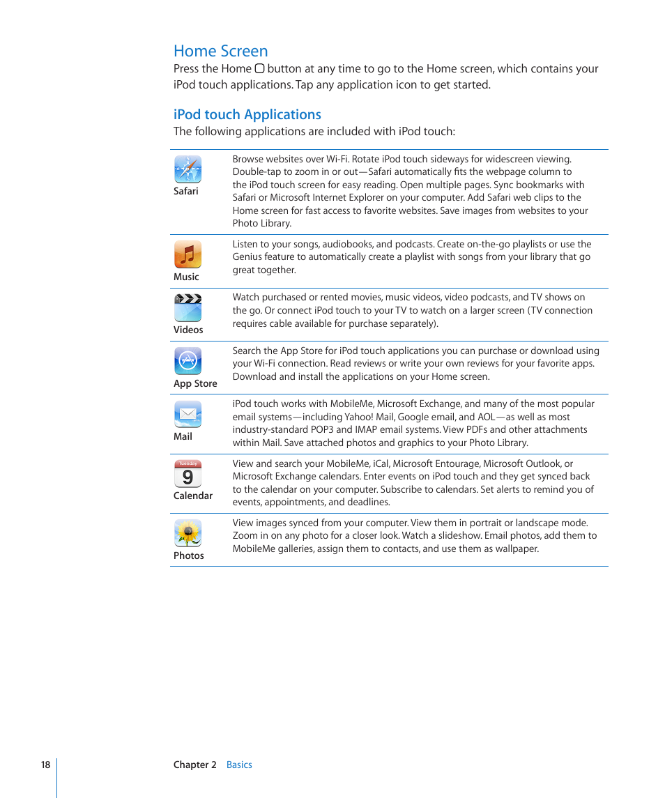 Home screen, Ipod touch applications | Apple iPod touch iOS 3.0 User Manual | Page 18 / 153
