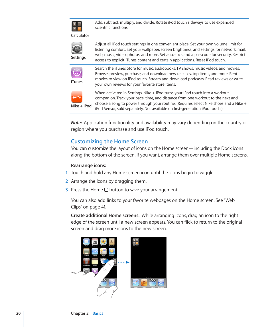 Rearrange icons, Customizing the home screen | Apple iPod touch iOS 3.0 User Manual | Page 20 / 153