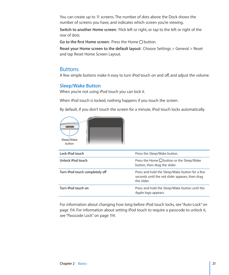 Buttons, Sleep/wake button | Apple iPod touch iOS 3.0 User Manual | Page 21 / 153