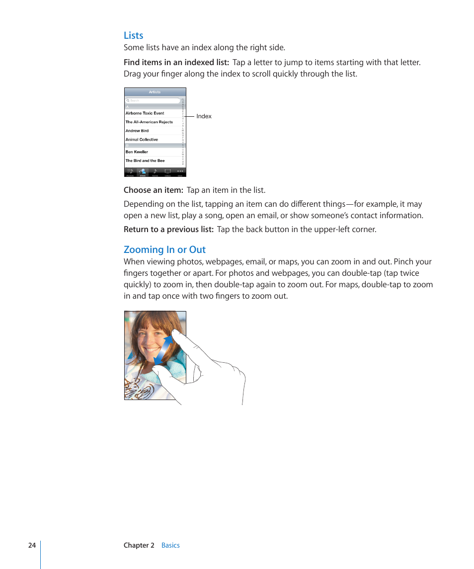 Lists, Zooming in or out | Apple iPod touch iOS 3.0 User Manual | Page 24 / 153