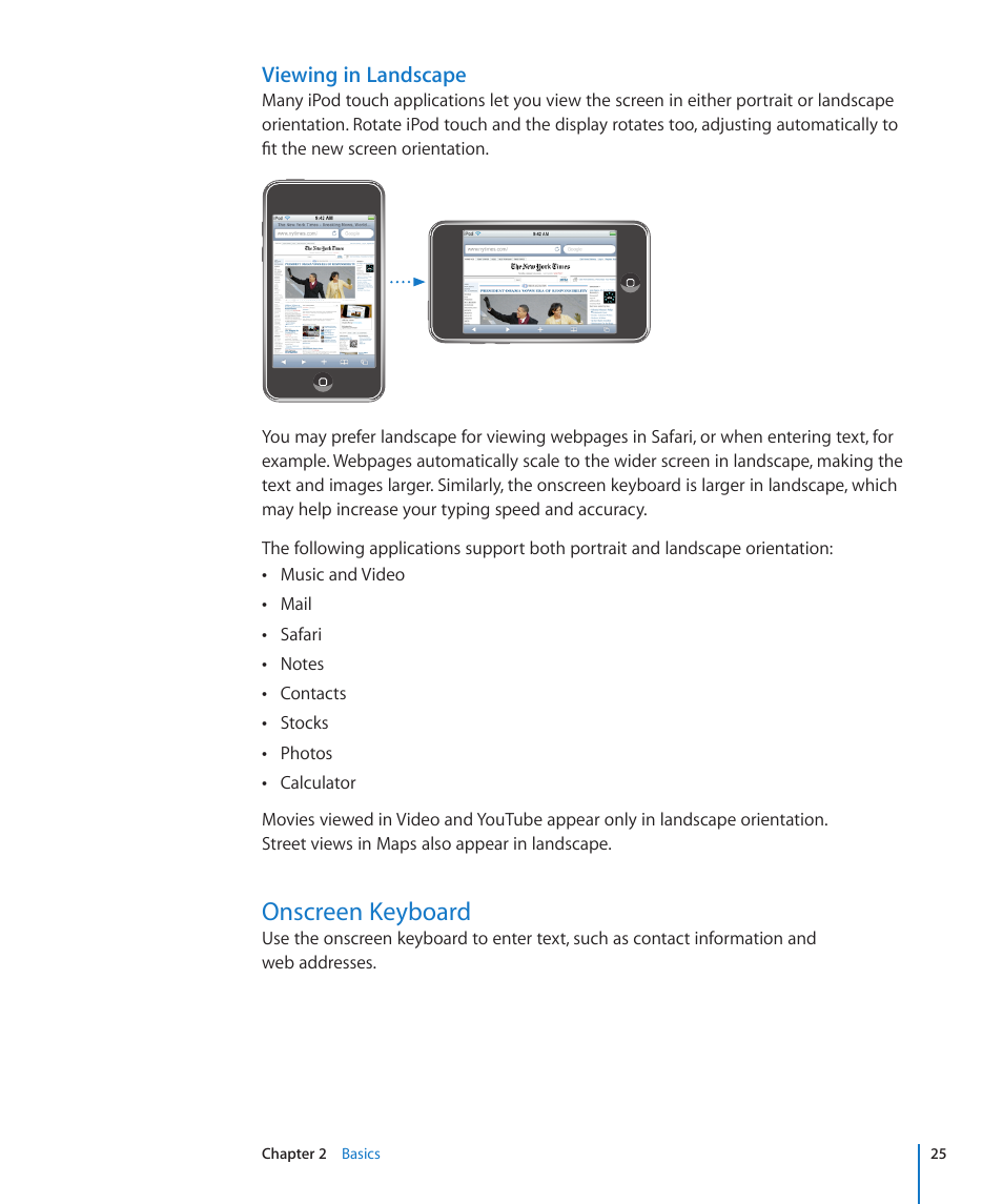 Onscreen keyboard, Viewing in landscape | Apple iPod touch iOS 3.0 User Manual | Page 25 / 153