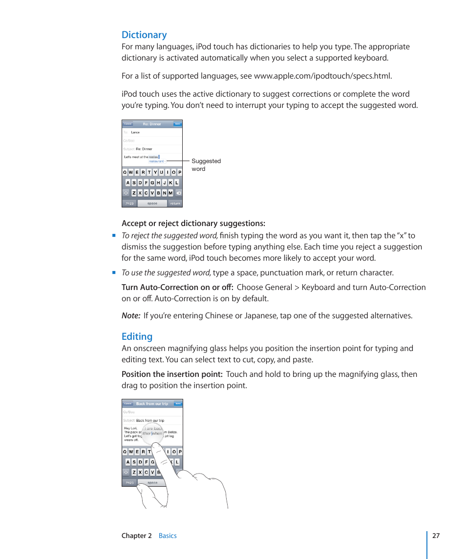 Dictionary, Editing | Apple iPod touch iOS 3.0 User Manual | Page 27 / 153
