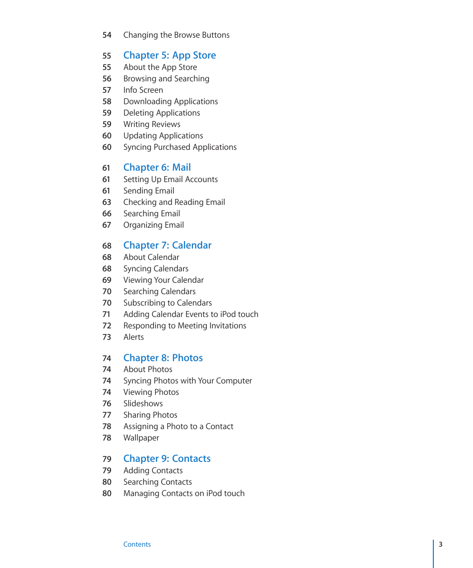 Chapter 5: app store, Chapter 6: mail, Chapter 7: calendar | Chapter 8: photos, Chapter 9: contacts | Apple iPod touch iOS 3.0 User Manual | Page 3 / 153