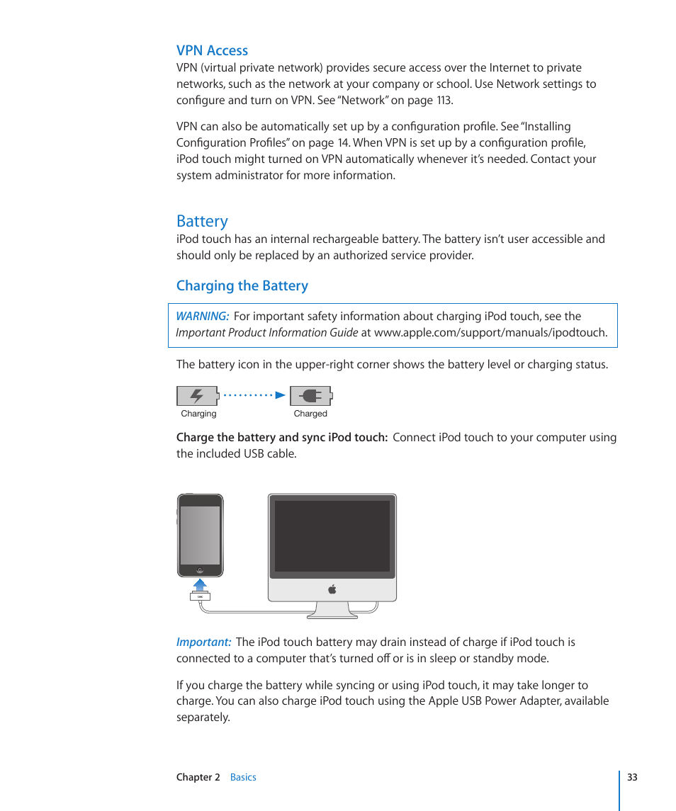 Battery, Charging the battery, Vpn access | Apple iPod touch iOS 3.0 User Manual | Page 33 / 153