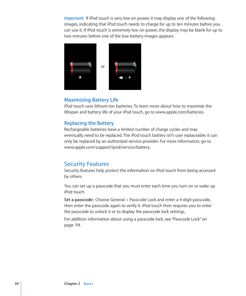 Security features, Maximizing battery life, Replacing the battery | Apple iPod touch iOS 3.0 User Manual | Page 34 / 153