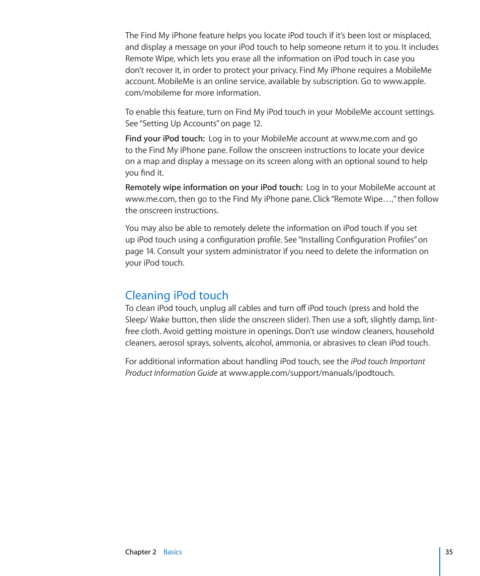 Cleaning ipod touch | Apple iPod touch iOS 3.0 User Manual | Page 35 / 153