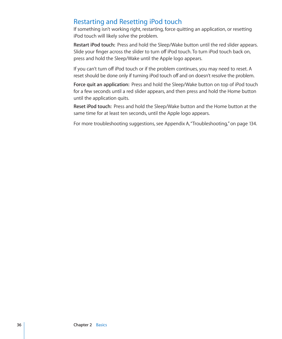 Restarting and resetting ipod touch | Apple iPod touch iOS 3.0 User Manual | Page 36 / 153