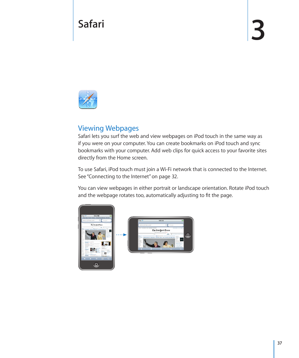 Chapter 3: safari, Safari | Apple iPod touch iOS 3.0 User Manual | Page 37 / 153