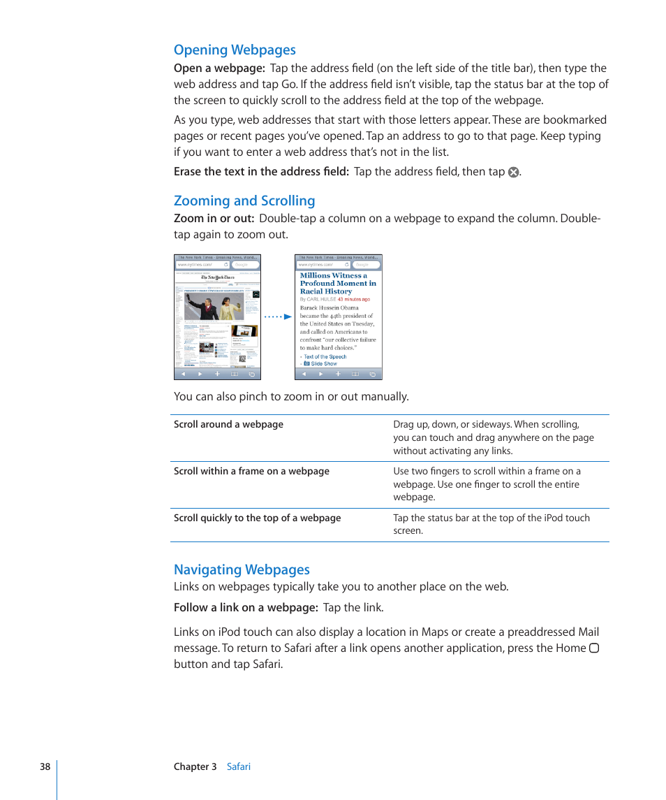 Opening webpages, Zooming and scrolling, Navigating webpages | Apple iPod touch iOS 3.0 User Manual | Page 38 / 153