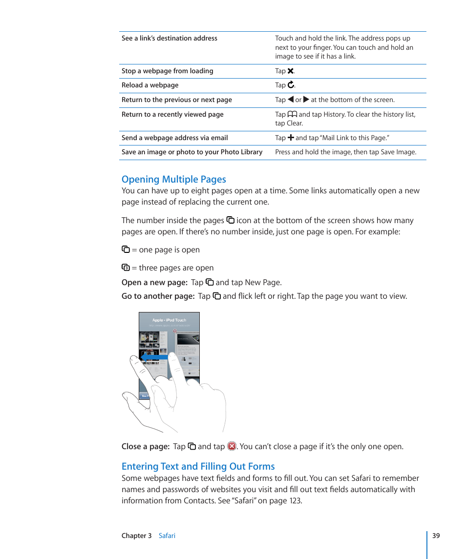 Opening multiple pages, Entering text and filling out forms | Apple iPod touch iOS 3.0 User Manual | Page 39 / 153