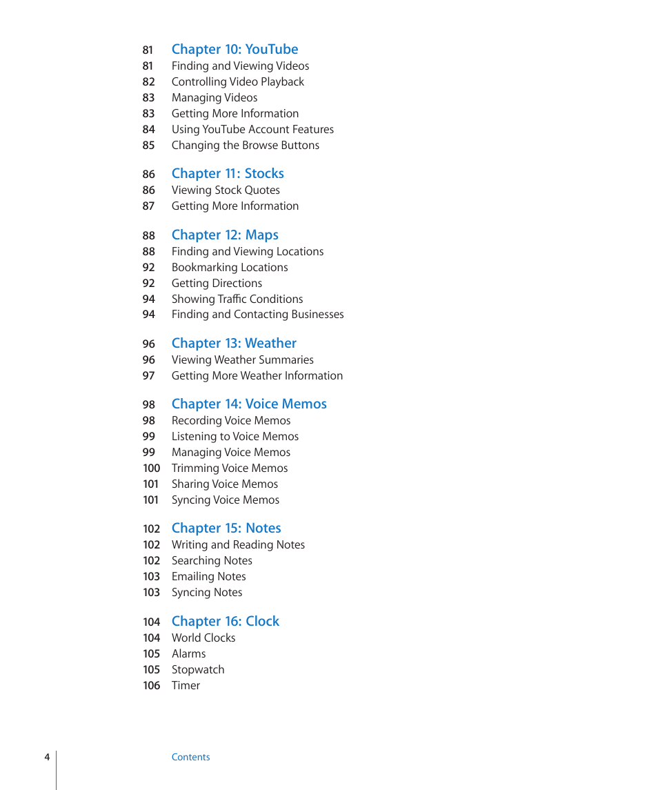 Chapter 10: youtube, Chapter 11: stocks, Chapter 12: maps | Chapter 13: weather, Chapter 16: clock | Apple iPod touch iOS 3.0 User Manual | Page 4 / 153