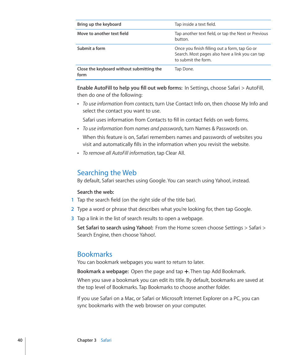 Searching the web, Bookmarks | Apple iPod touch iOS 3.0 User Manual | Page 40 / 153