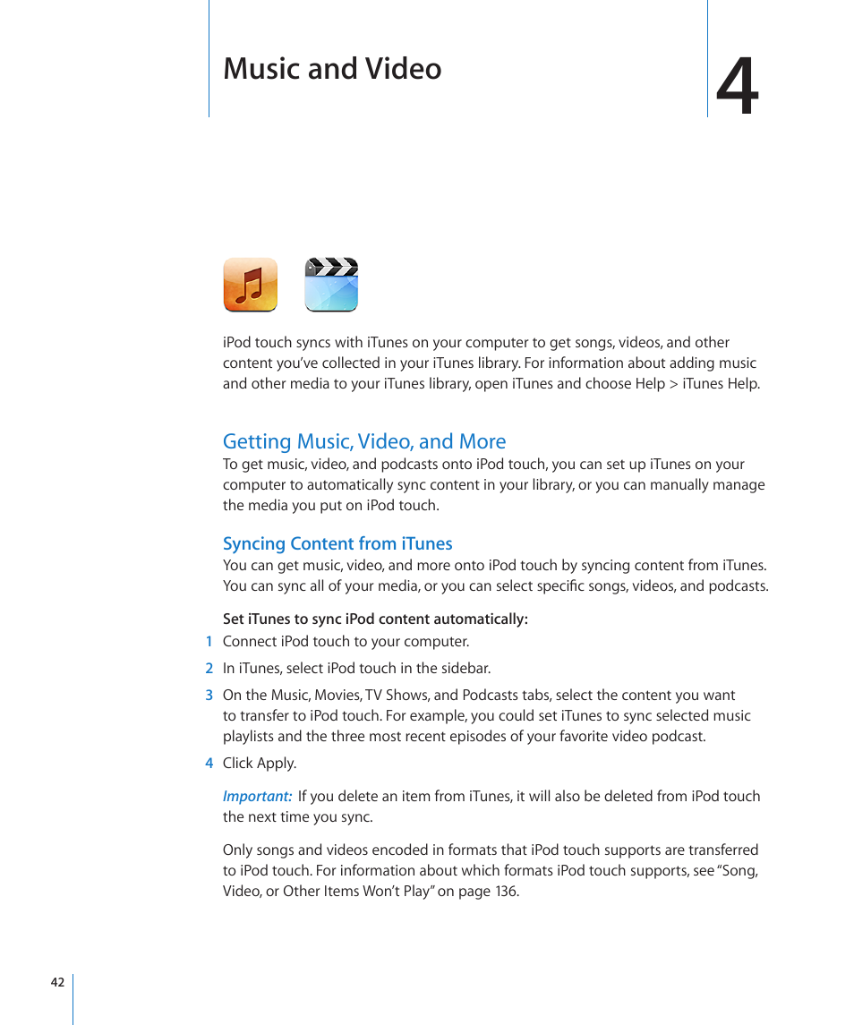 Chapter 4: music and video, Getting music, video, and more, Music and video | Apple iPod touch iOS 3.0 User Manual | Page 42 / 153