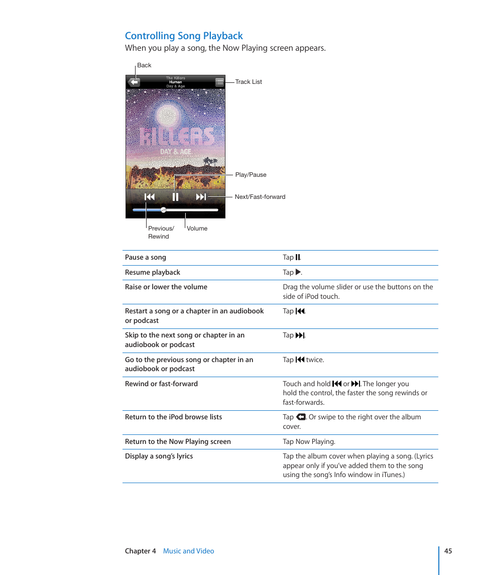 Controlling song playback | Apple iPod touch iOS 3.0 User Manual | Page 45 / 153