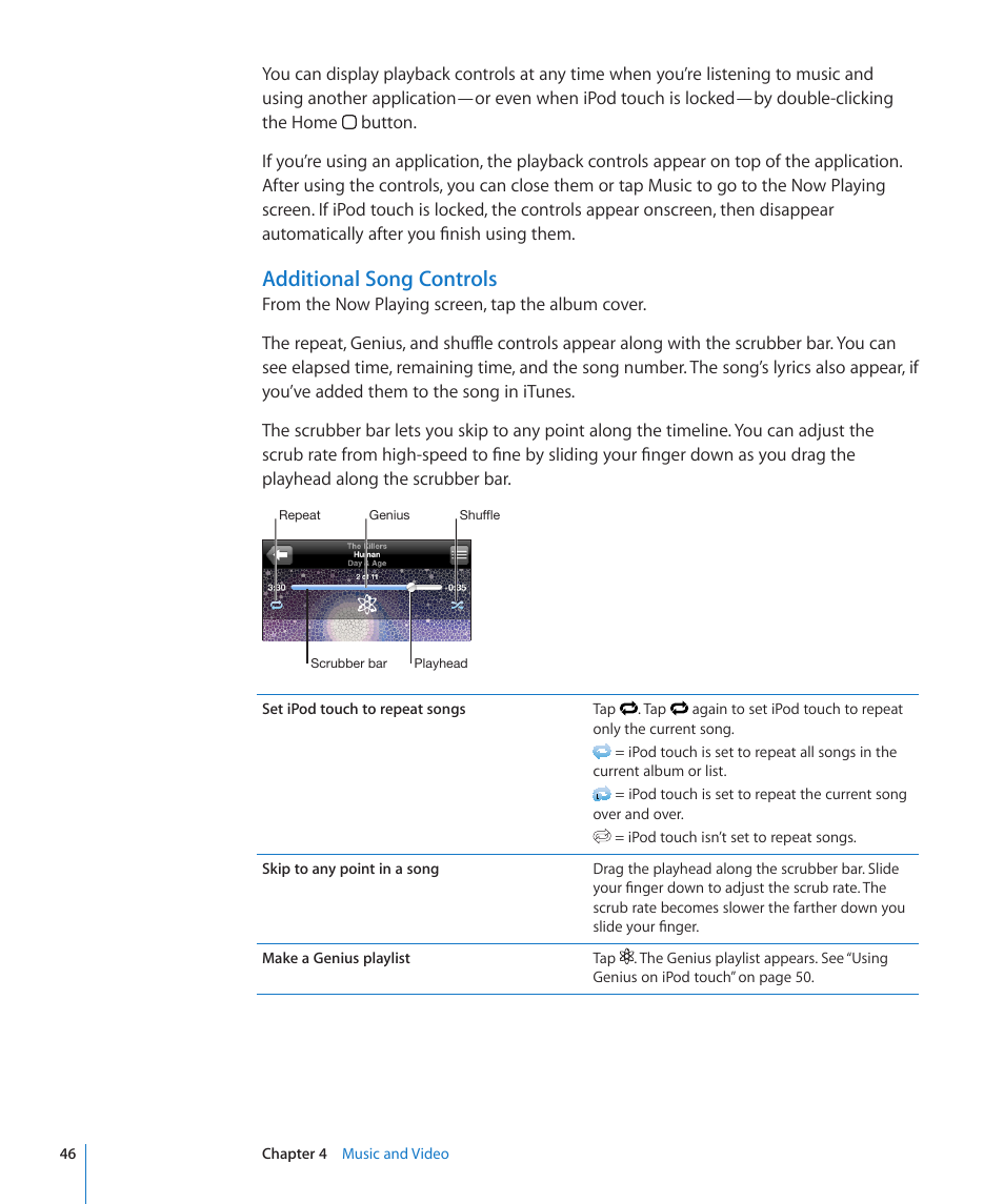 Additional song controls | Apple iPod touch iOS 3.0 User Manual | Page 46 / 153