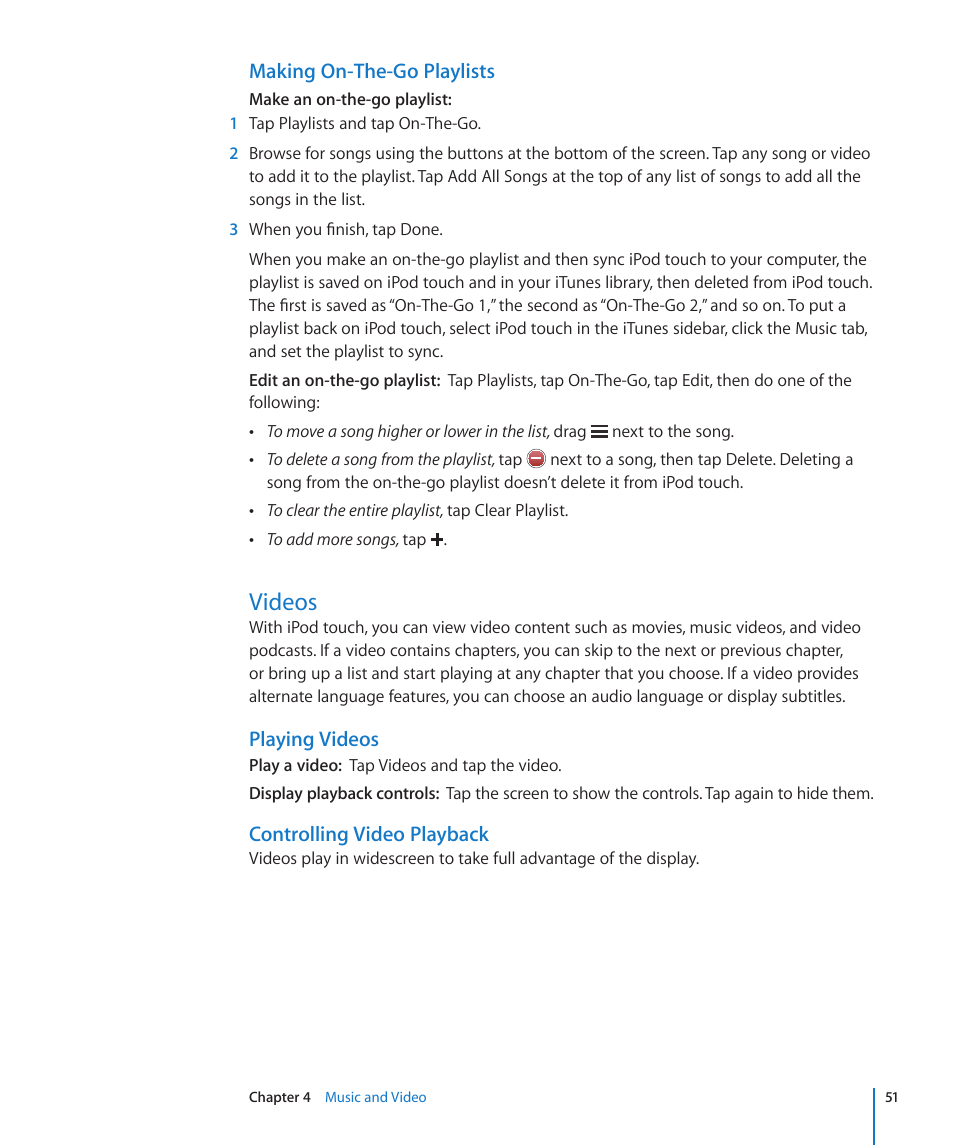 Videos, Making on-the-go playlists, Playing videos | Controlling video playback | Apple iPod touch iOS 3.0 User Manual | Page 51 / 153
