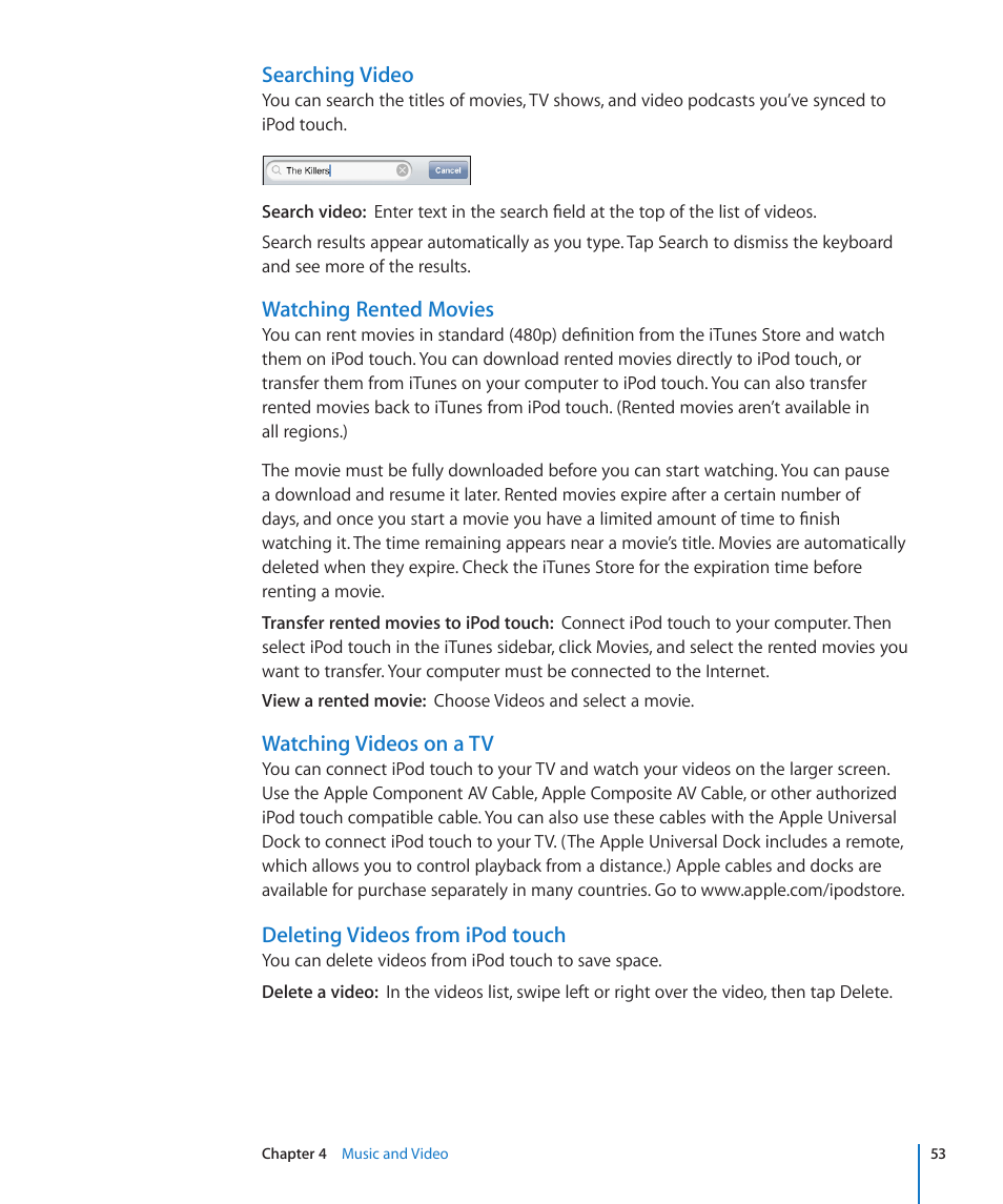 Searching video, Watching rented movies, Watching videos on a tv | Deleting videos from ipod touch | Apple iPod touch iOS 3.0 User Manual | Page 53 / 153