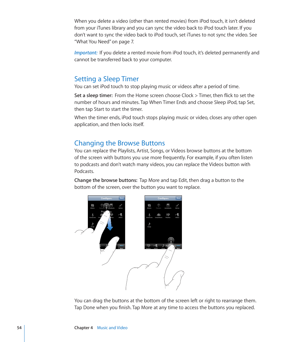 Setting a sleep timer, Changing the browse buttons | Apple iPod touch iOS 3.0 User Manual | Page 54 / 153