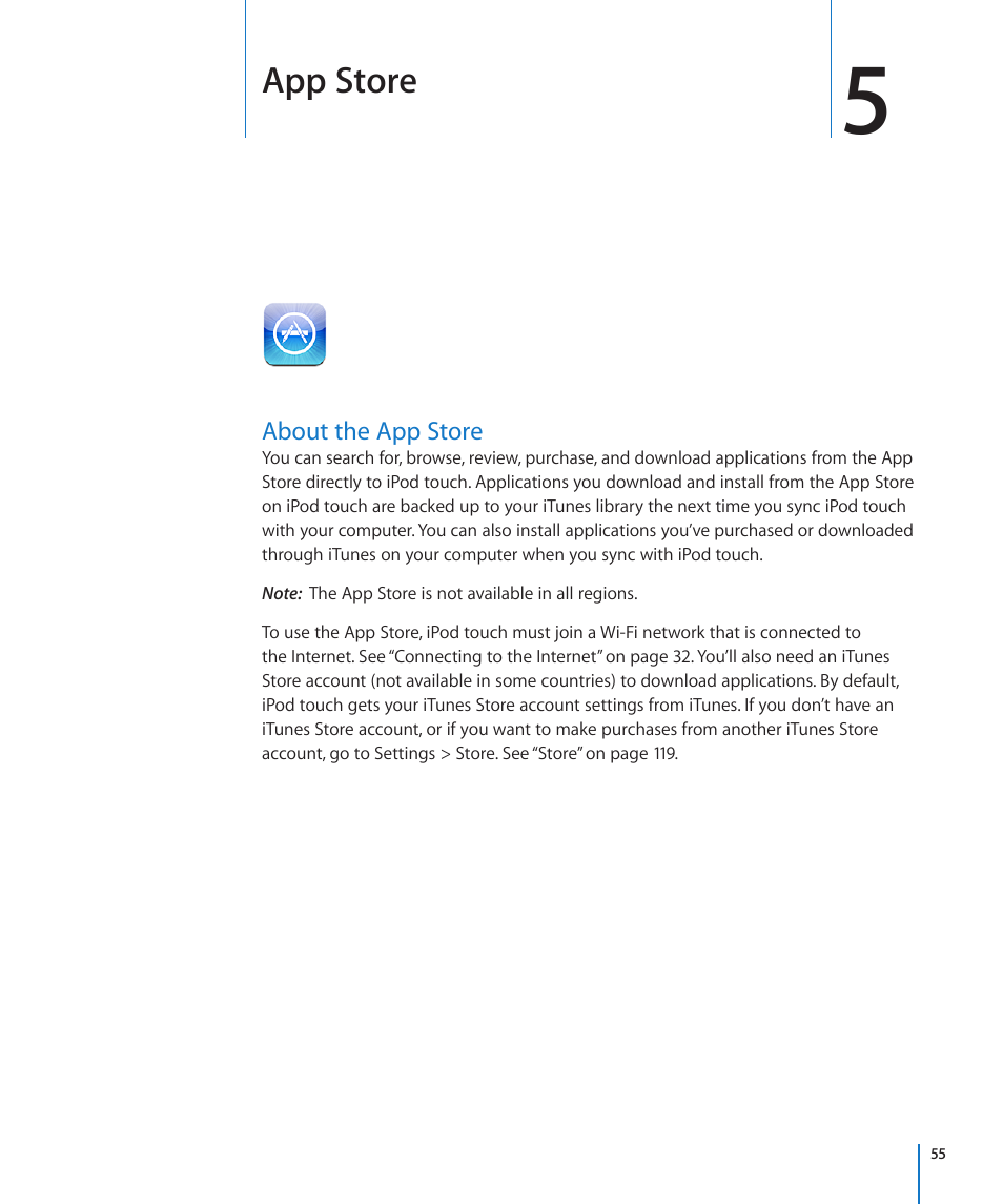 Chapter 5: app store, About the app store, App store | Apple iPod touch iOS 3.0 User Manual | Page 55 / 153