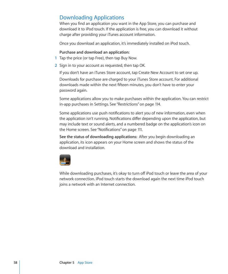 Downloading applications | Apple iPod touch iOS 3.0 User Manual | Page 58 / 153