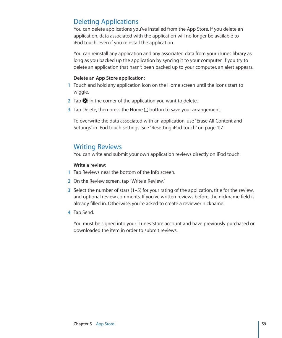 Deleting applications, Writing reviews | Apple iPod touch iOS 3.0 User Manual | Page 59 / 153