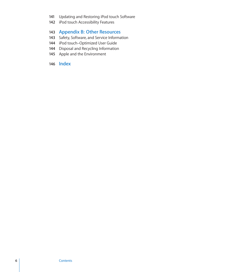 Appendix b: other resources, Index | Apple iPod touch iOS 3.0 User Manual | Page 6 / 153