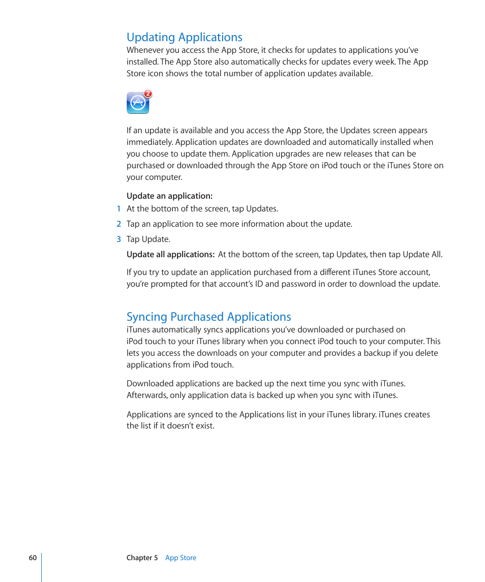 Updating applications, Syncing purchased applications | Apple iPod touch iOS 3.0 User Manual | Page 60 / 153