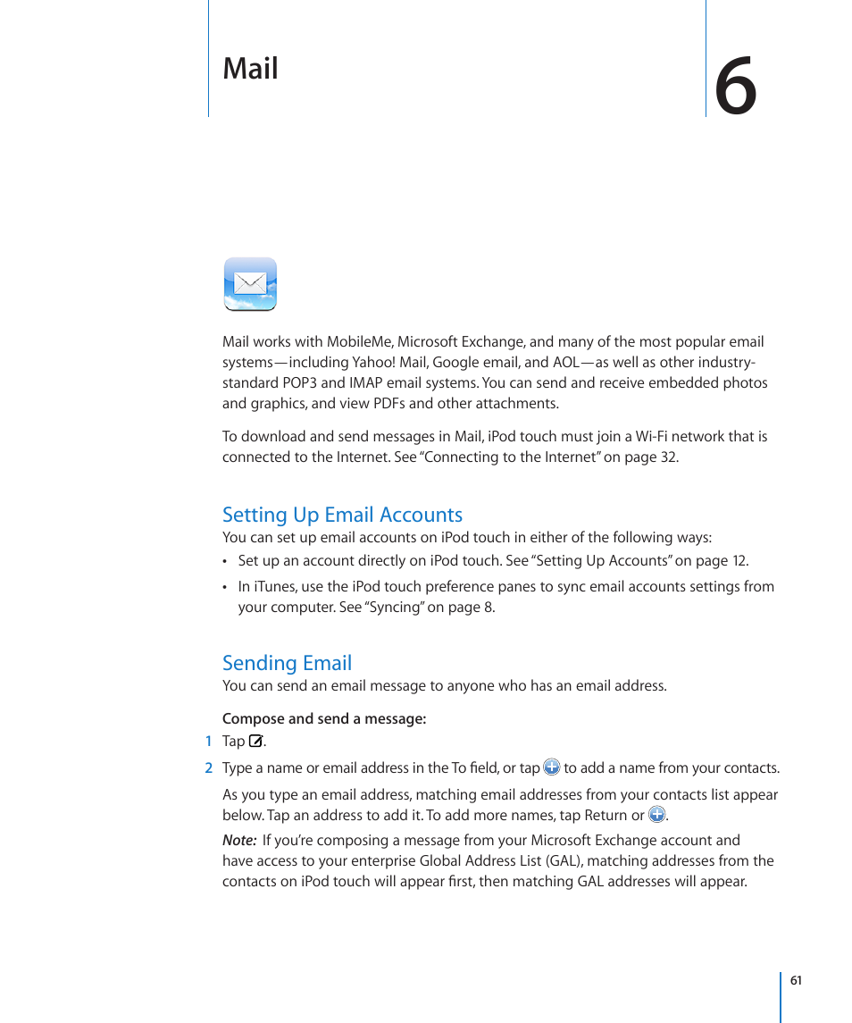 Chapter 6: mail, Setting up email accounts, Sending email | Mail | Apple iPod touch iOS 3.0 User Manual | Page 61 / 153