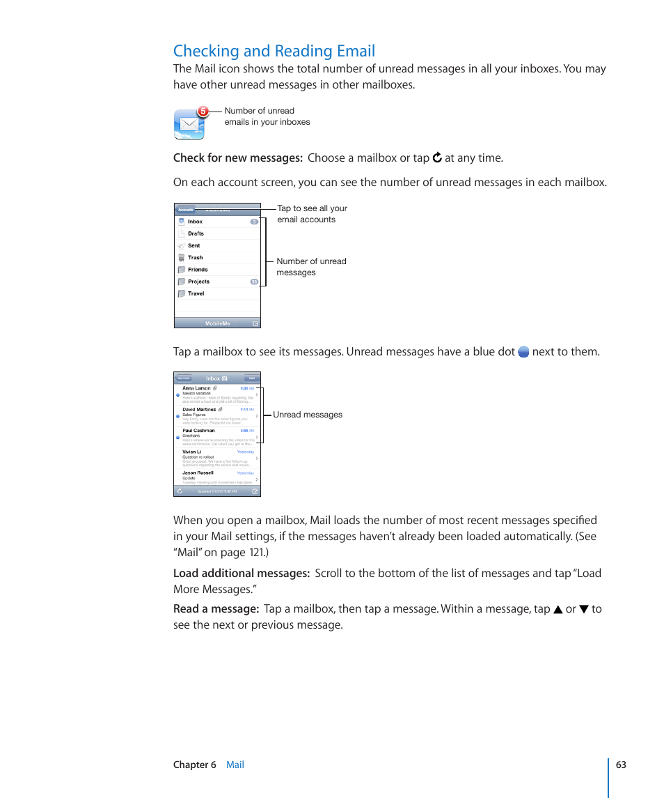 Checking and reading email | Apple iPod touch iOS 3.0 User Manual | Page 63 / 153