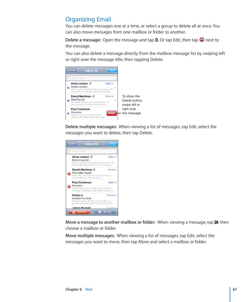 Organizing email | Apple iPod touch iOS 3.0 User Manual | Page 67 / 153