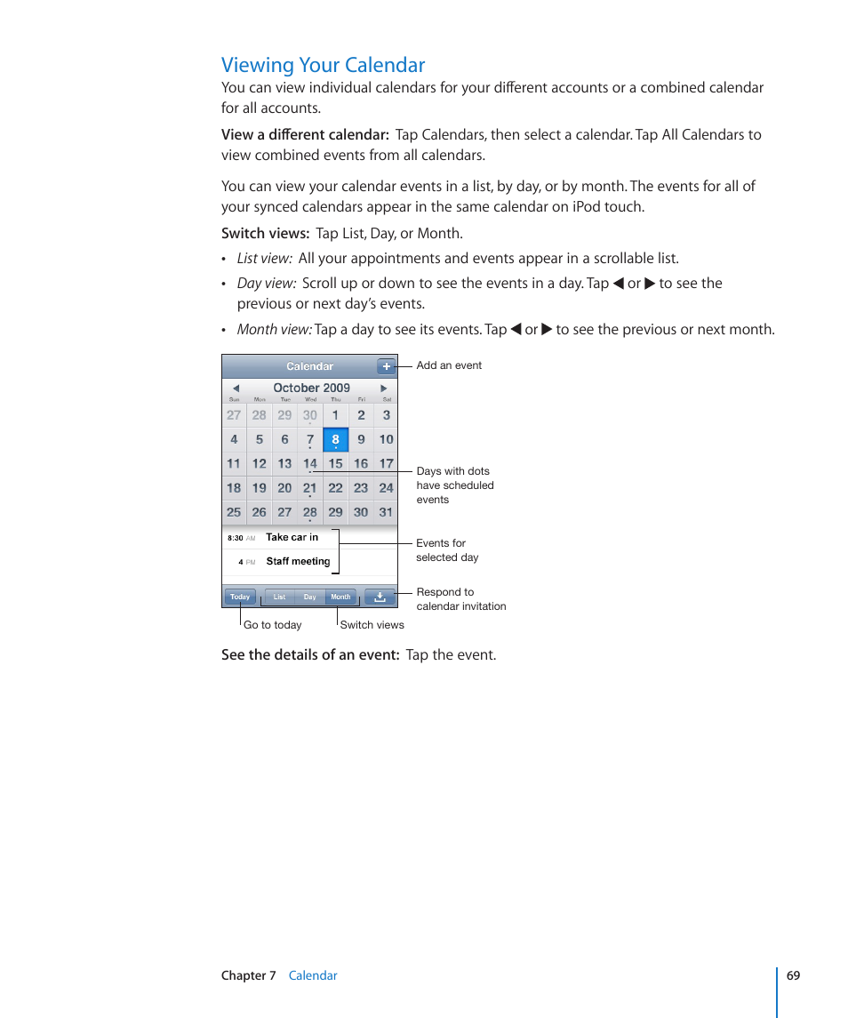 Viewing your calendar | Apple iPod touch iOS 3.0 User Manual | Page 69 / 153