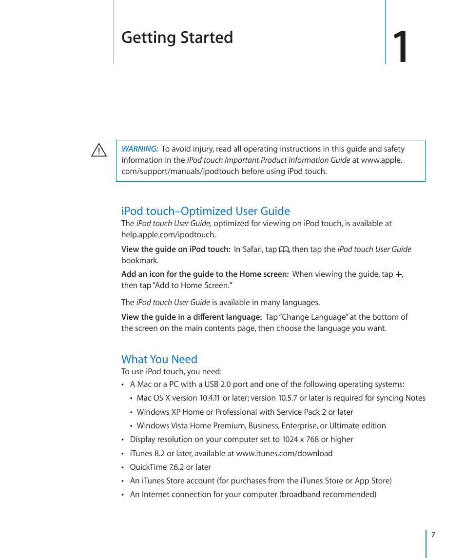 Chapter 1: getting started, Ipod touch–optimized user guide, What you need | Getting started | Apple iPod touch iOS 3.0 User Manual | Page 7 / 153