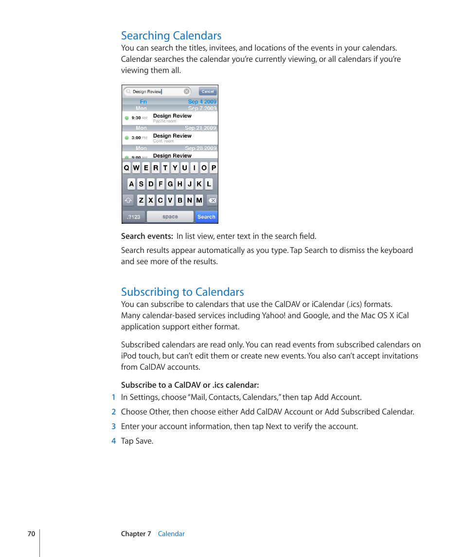 Searching calendars, Subscribing to calendars | Apple iPod touch iOS 3.0 User Manual | Page 70 / 153