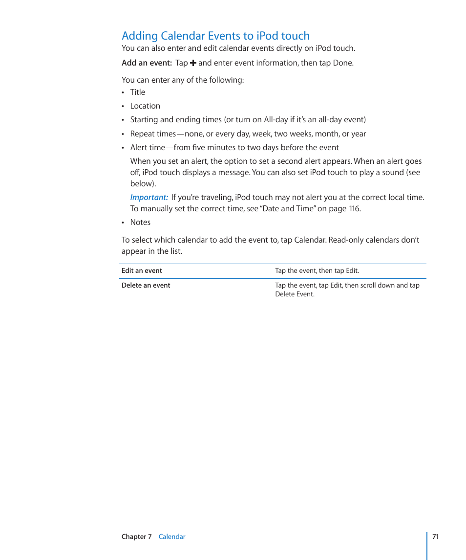 Adding calendar events to ipod touch | Apple iPod touch iOS 3.0 User Manual | Page 71 / 153