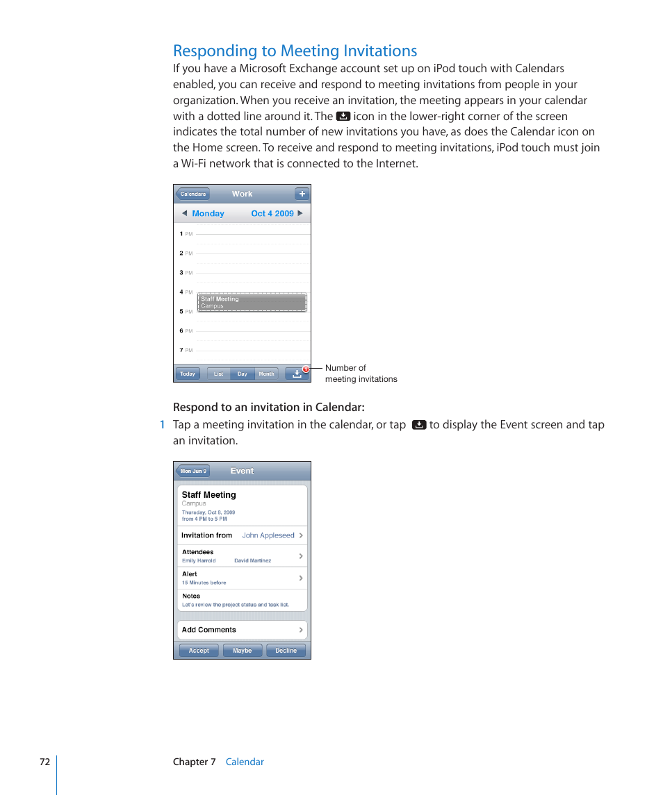 Responding to meeting invitations | Apple iPod touch iOS 3.0 User Manual | Page 72 / 153