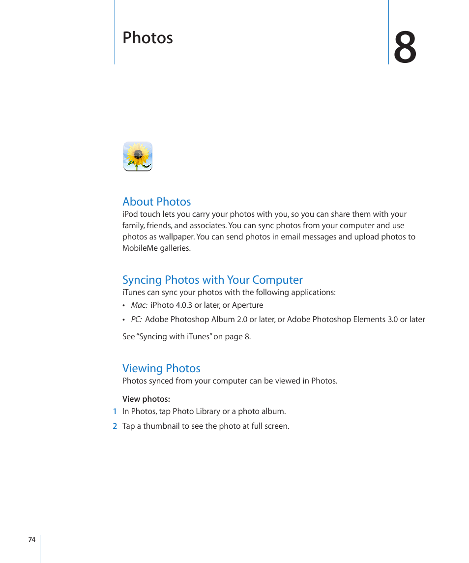 Chapter 8: photos, About photos, Syncing photos with your computer | Viewing photos, Photos | Apple iPod touch iOS 3.0 User Manual | Page 74 / 153