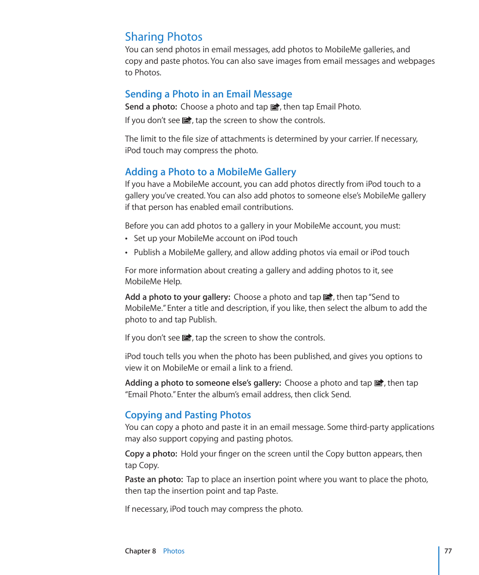 Sharing photos, Sending a photo in an email message, Adding a photo to a mobileme gallery | Copying and pasting photos | Apple iPod touch iOS 3.0 User Manual | Page 77 / 153