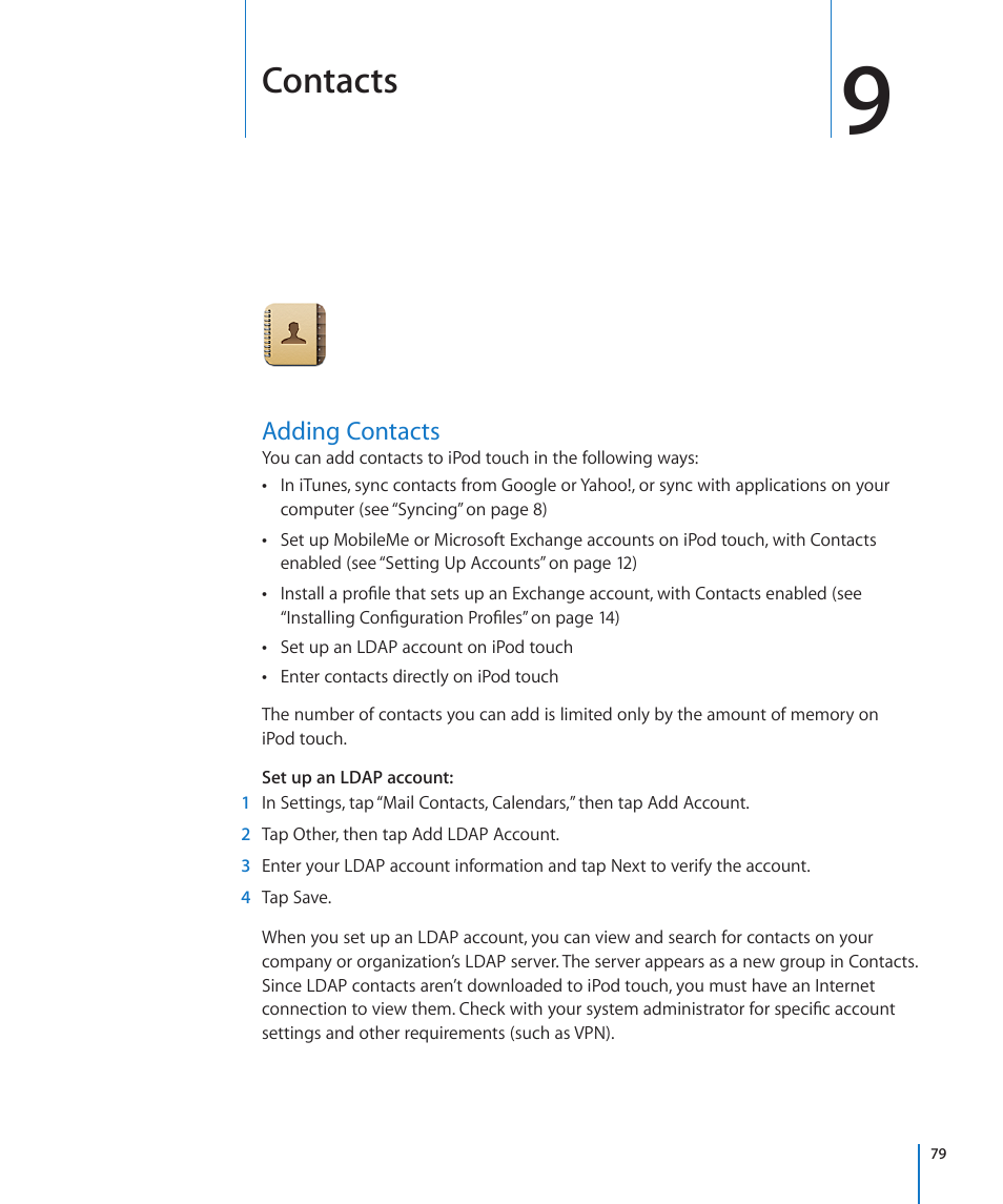 Chapter 9: contacts, Adding contacts, Contacts | Apple iPod touch iOS 3.0 User Manual | Page 79 / 153