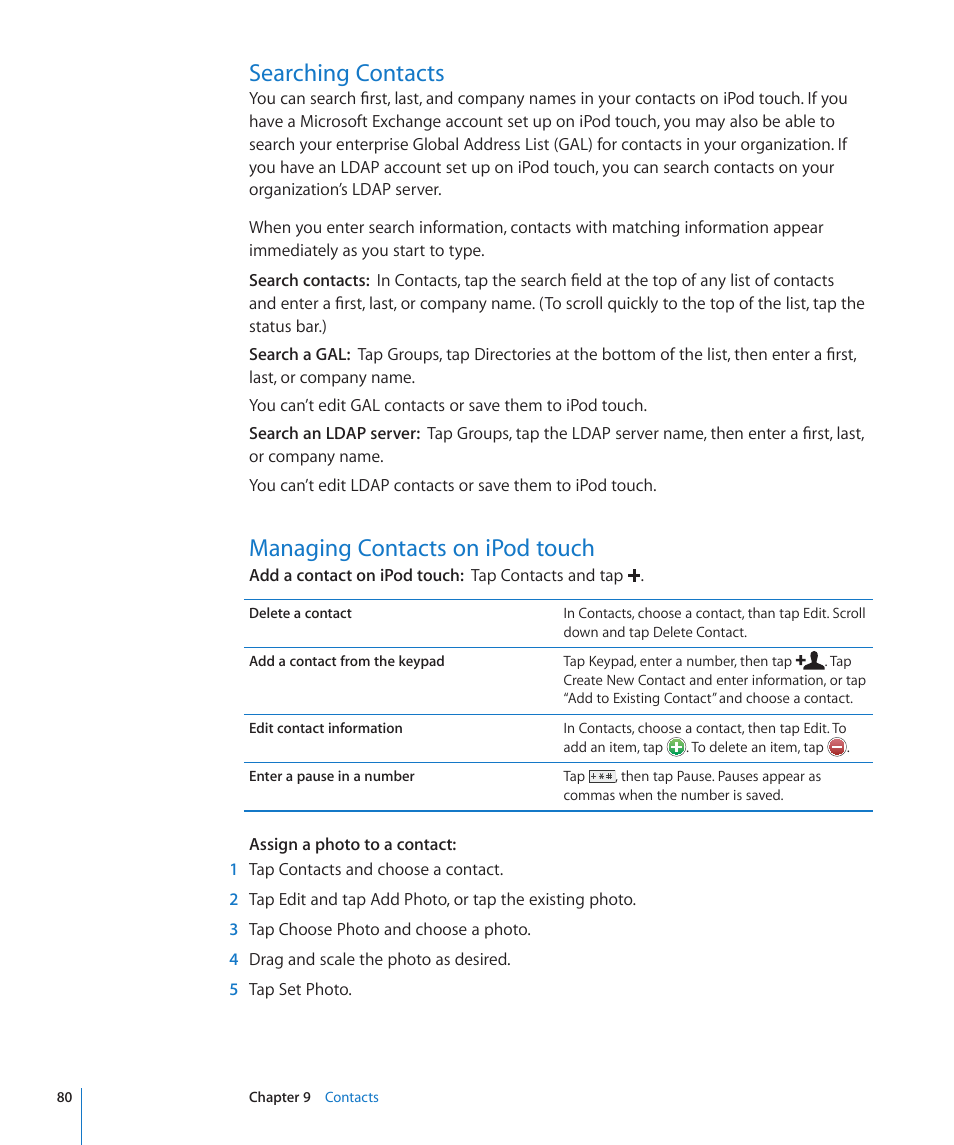Searching contacts, Managing contacts on ipod touch | Apple iPod touch iOS 3.0 User Manual | Page 80 / 153