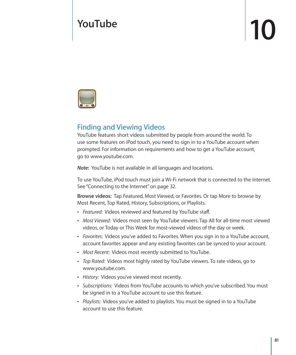 Chapter 10: youtube, Finding and viewing videos, Youtube | Apple iPod touch iOS 3.0 User Manual | Page 81 / 153
